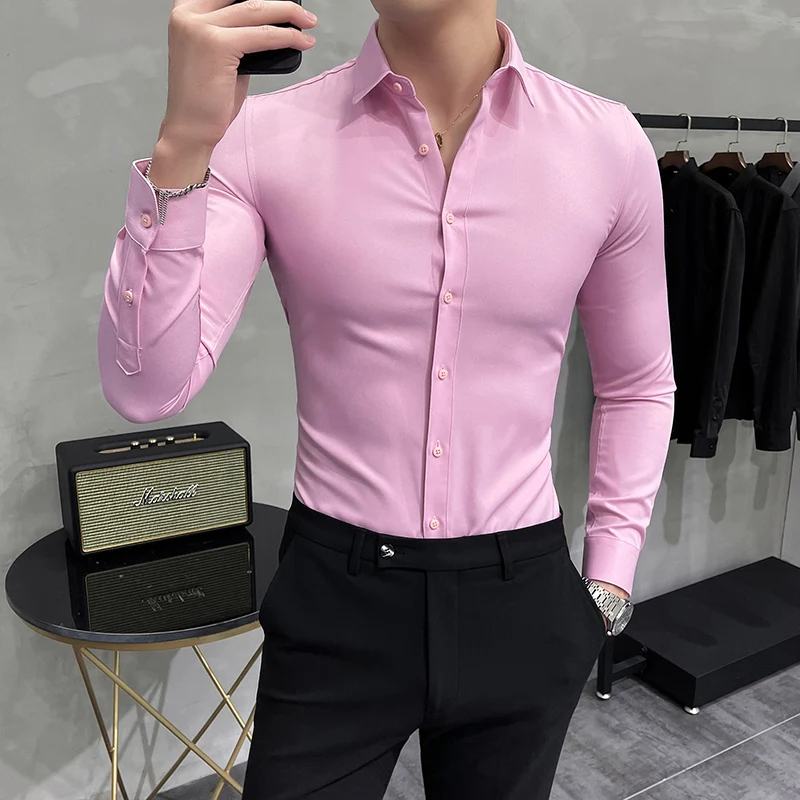 Camisa de manga larga de color rojo brillante, camisas ajustadas a la moda para hombre, Tops blancos, azules y grises para hombre, vestido negro, morado y verde, Camisa para hombre