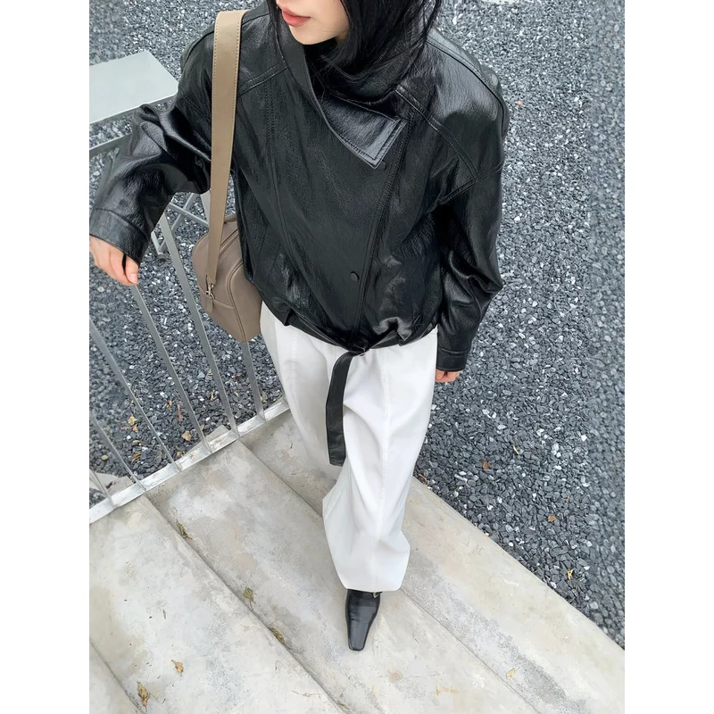 QICHE 2026 Women Korean Style Short PU Faux Leather Jacket Stand Collar Hem Belt Wash-free Cool Versatile Outerwear