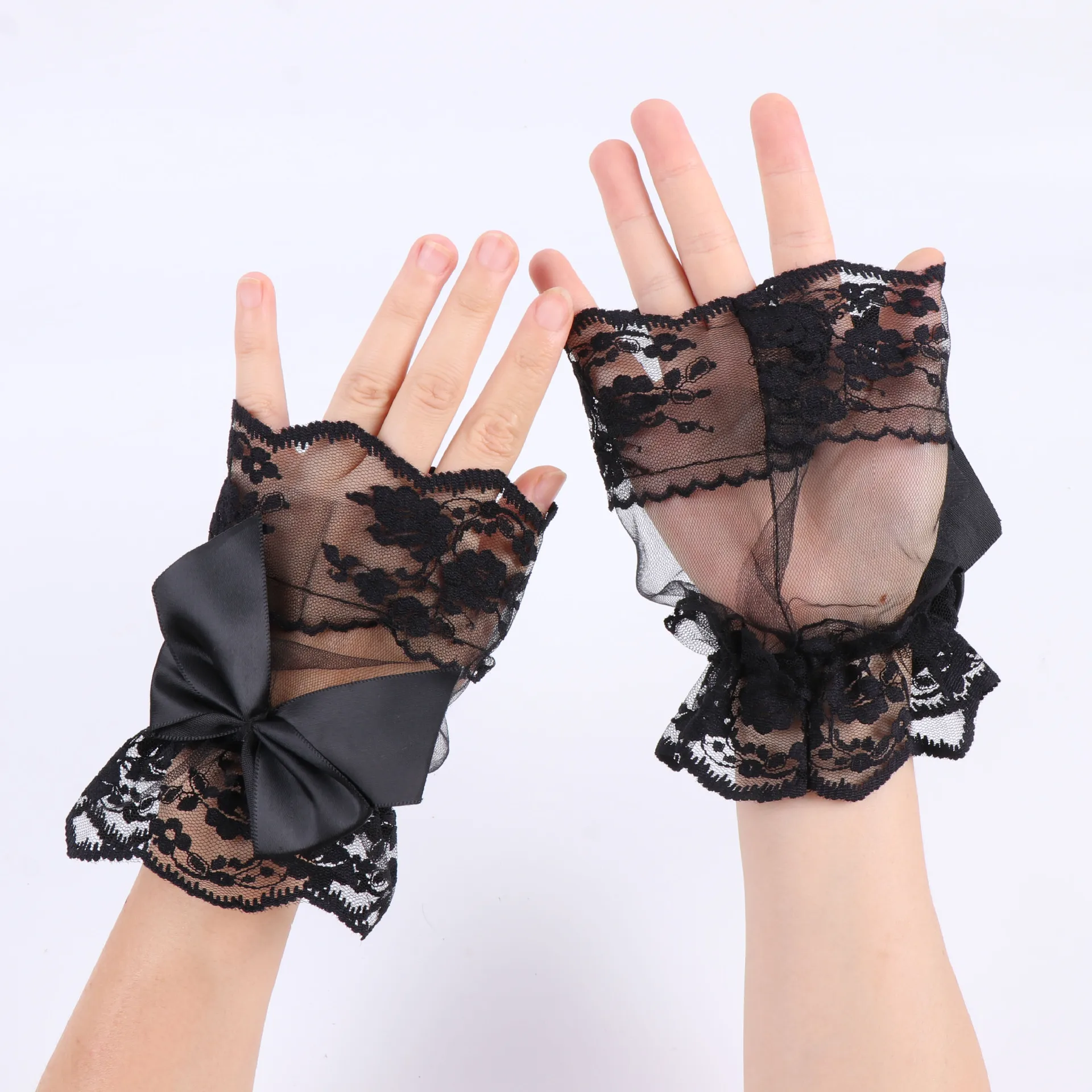 Gloves Short Lace Mesh Bow Rhinestone Black Lolita Halloween Women Lightweight Breathable Arm Sleeves Elegant Costume