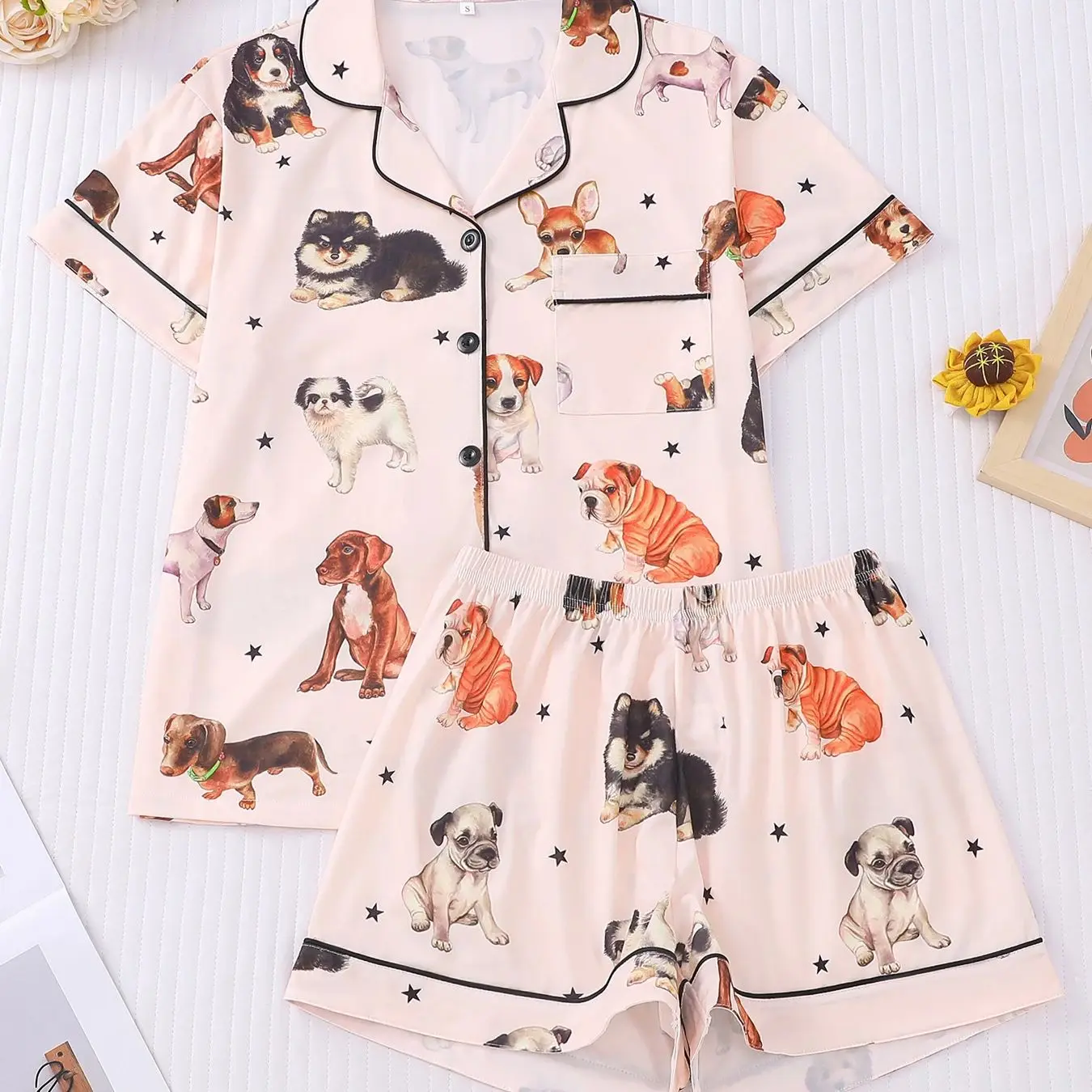 Korean Cute Style Pet Dog Printed Pajamas Short-Sleeved Shorts Two-Piece Set for Women's Casual Home Wear