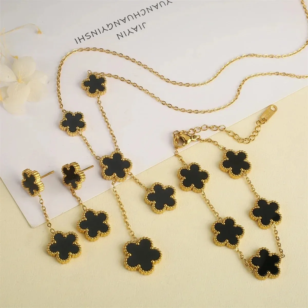 Fashion Stainless Steel Five Leaf Flower Women Jewelry Set Bracelet Necklace Earrings Simple for Woman Clover Brand Jewelry