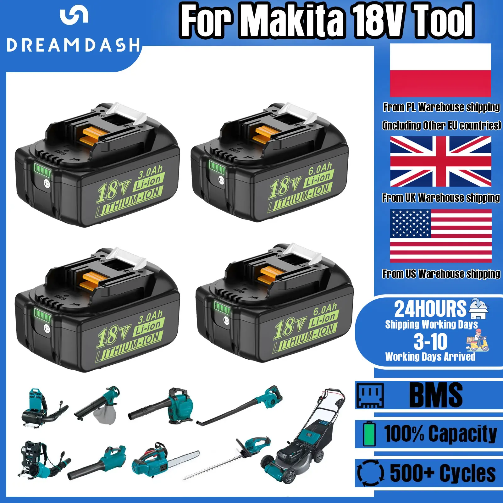 

Dreamdash 18V 6Ah Li-ion Battery For Makita BL1860/BL1850 - 18650 Cells Fast Charging PCB Protection, Replacement For BL1860B