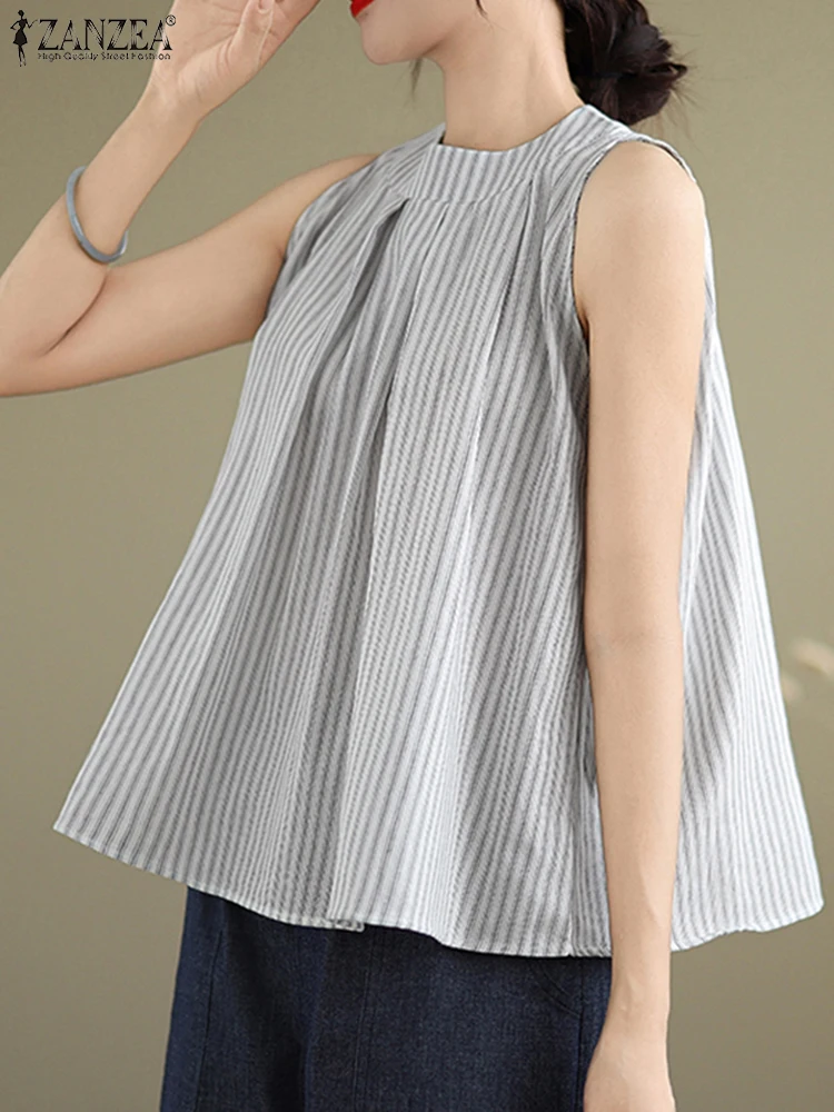 

ZANZEA Elegant Pleated A-line Tanks Striped Summer Loose Women Tank Tops O-Neck Streetwear Fashion Casual Sleeveless Blouses