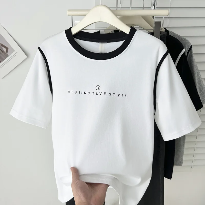 

100kg Summer Top New Casual Block Color Print Small Letter Round Neck Short Sleeve Tees Plus Size Women's T-shirt 2515