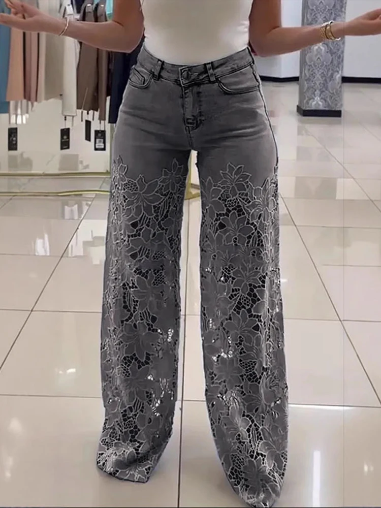 

Vintage Hollow Out Lace Flowers Lady Jeans Loose Straight Denim Pants High Street Elegant Summer New Trousers Chic Fashion Pant