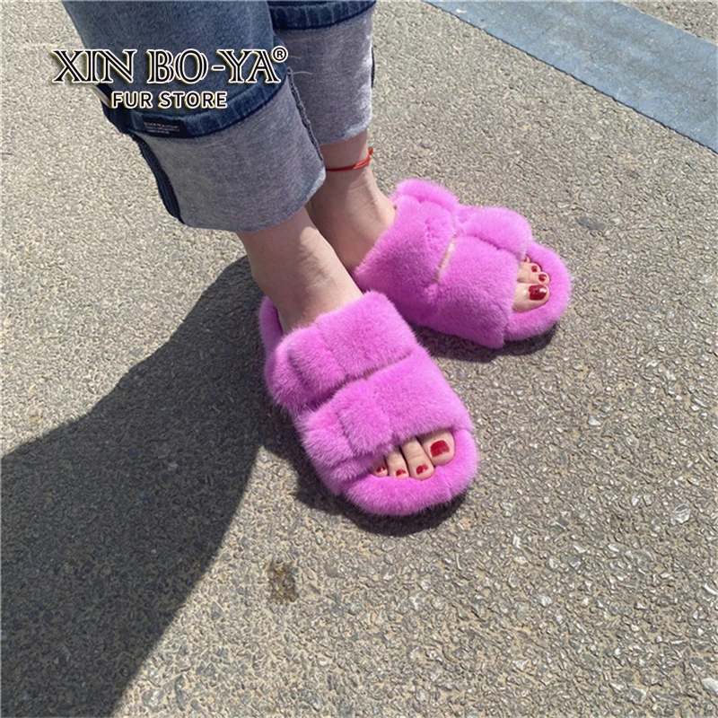 Fashion 100% Mink Fur Slippers Women Fluffy Slippers Winter Indoor EVA Sole Anti-Slip and Warm Slippers for Winter Shoes Woman