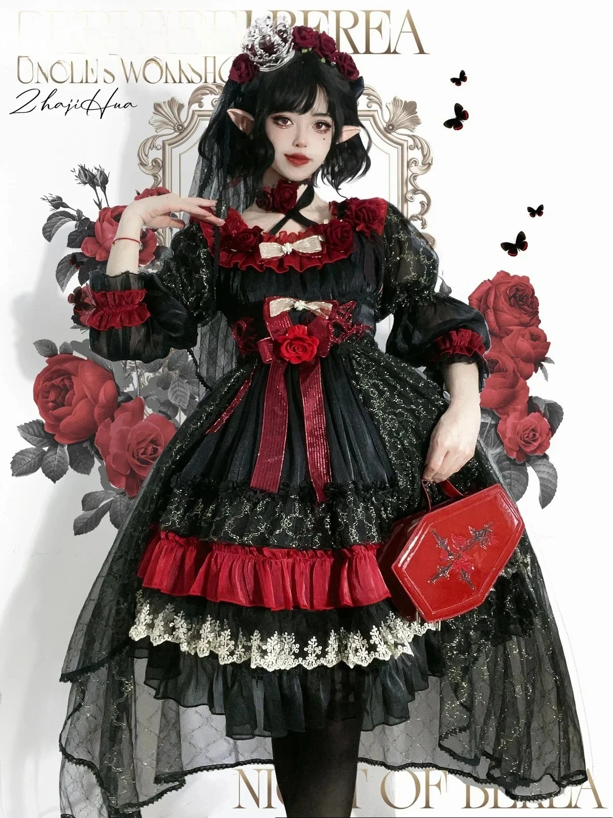 

Women's Slim Fit Bow Lace Rose Mesh Short Princess Dress Spring Summer 2025 Original Red Vintage Gothic Lolita Long Sleeve Dress
