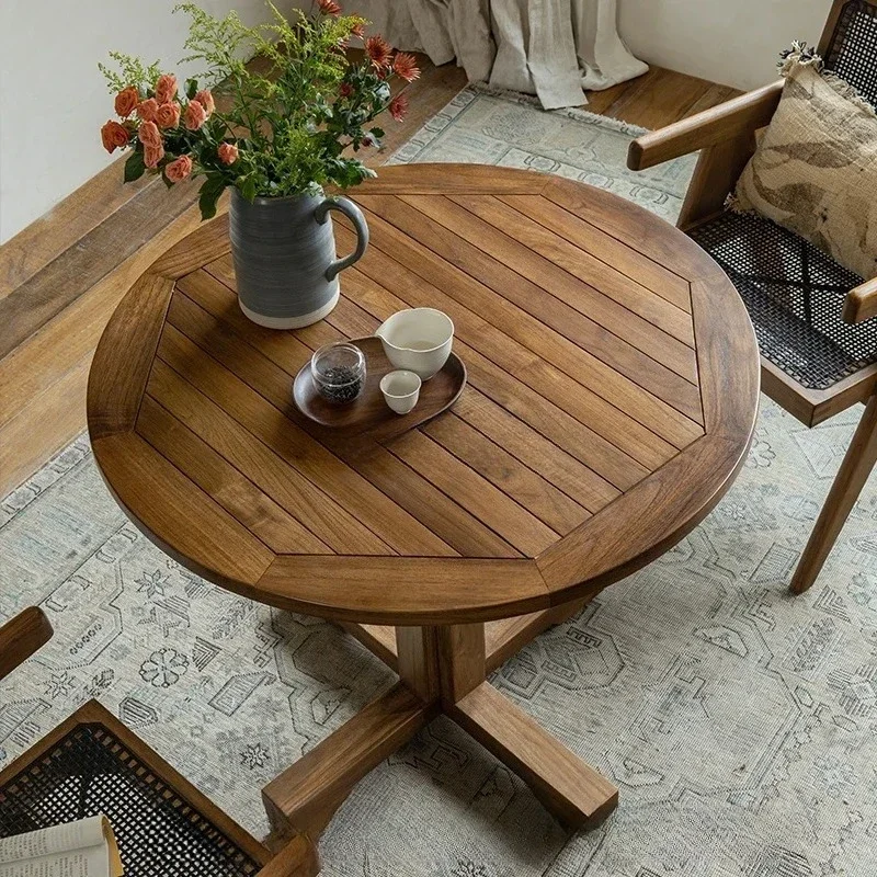 Teak round dining table wabi sabi retro style small apartment family bed and breakfast all solid wood coffee table