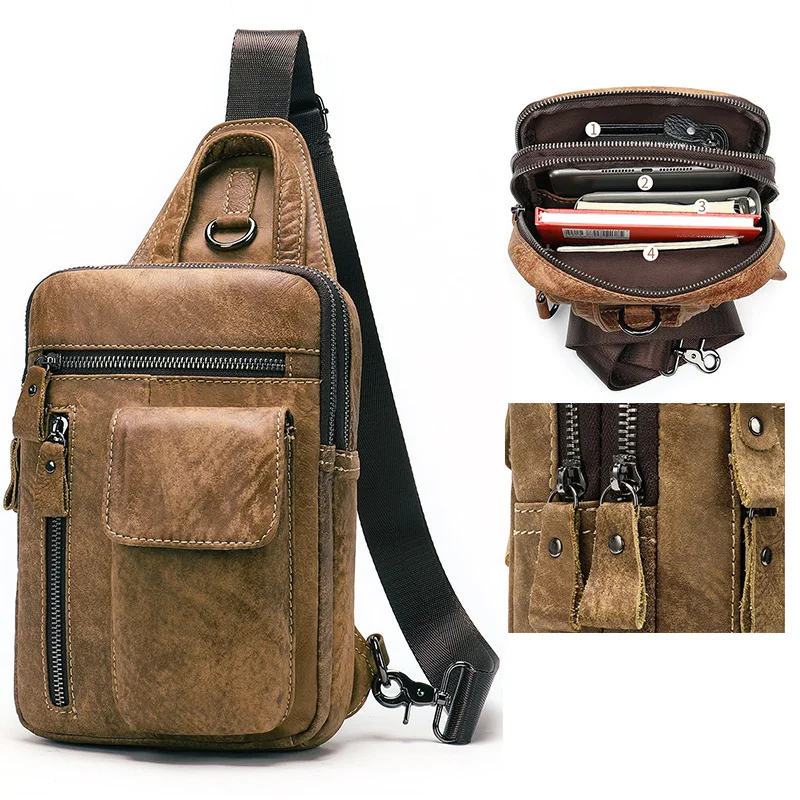 Genuine Leather Men Shoulder Bag Multifunction Waterproof Crossbody Travel Sling Messenger Chest Pack For Male Women Female