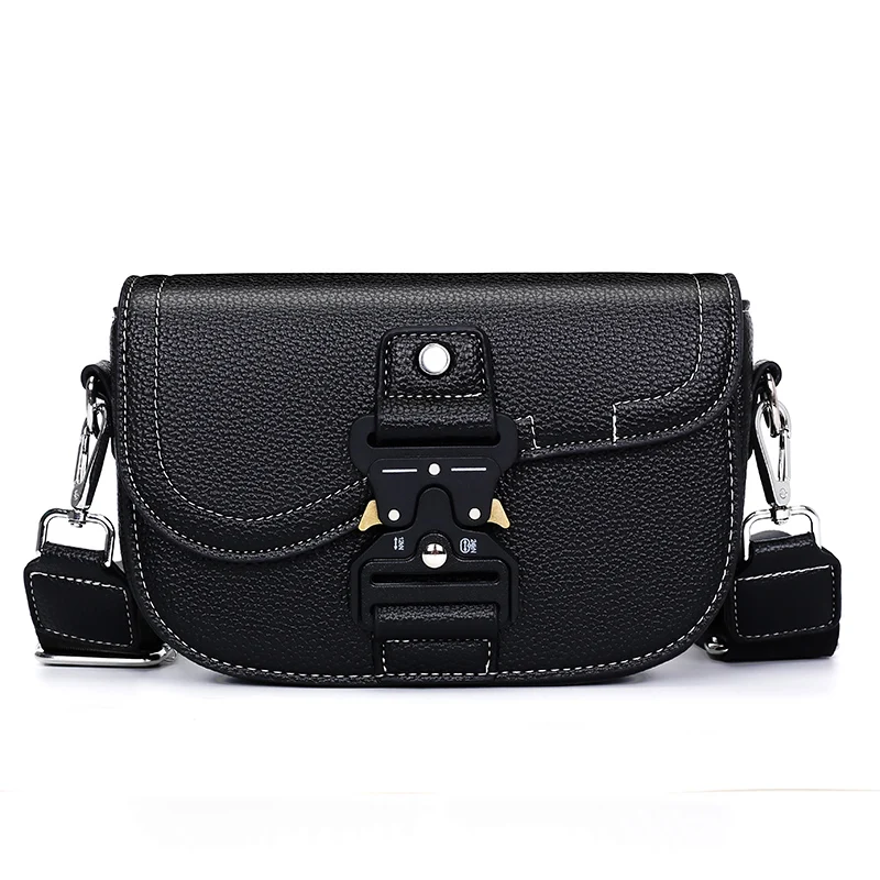 New British Style Motorcycle Crossbody Bag with Male and Female universal Lock Buckle Flip Saddle Bag, Casual Black Shoulder Bag