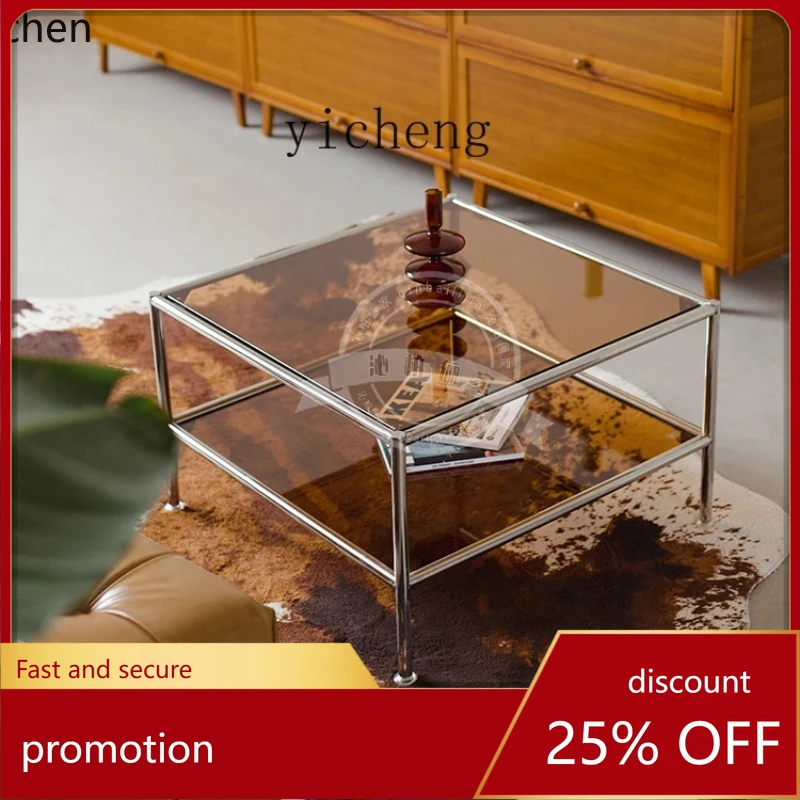 HXL stainless steel design sofa glass coffee table metal frame square two-layer Internet celebrity tea table