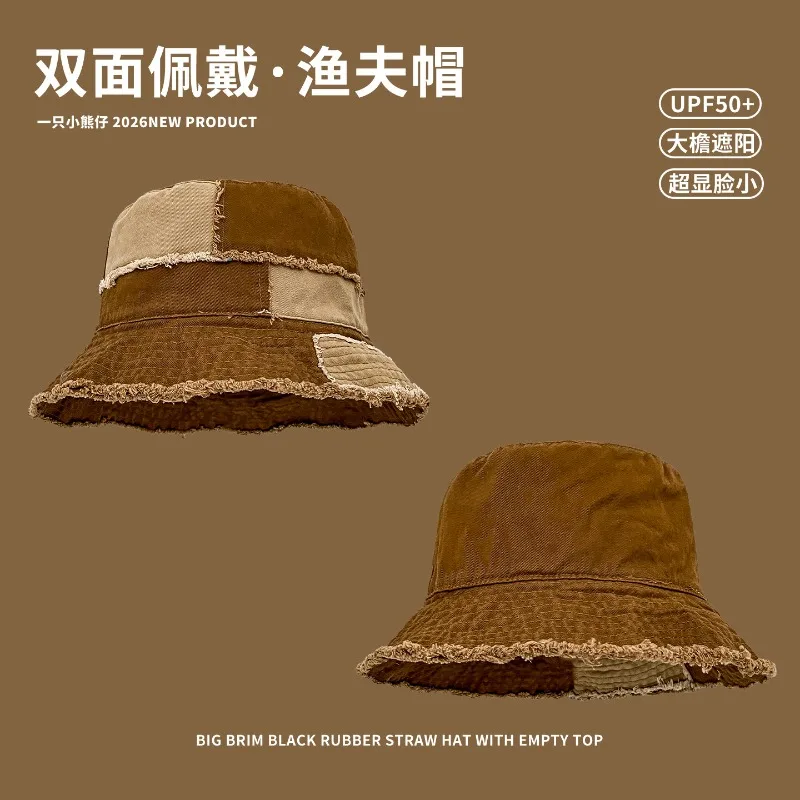 Japanese Retro Splicing Raw Edge Double-sided Bucket Hat for Men and Women Washed Cotton Distressed Sunshade Panama Bob Cap