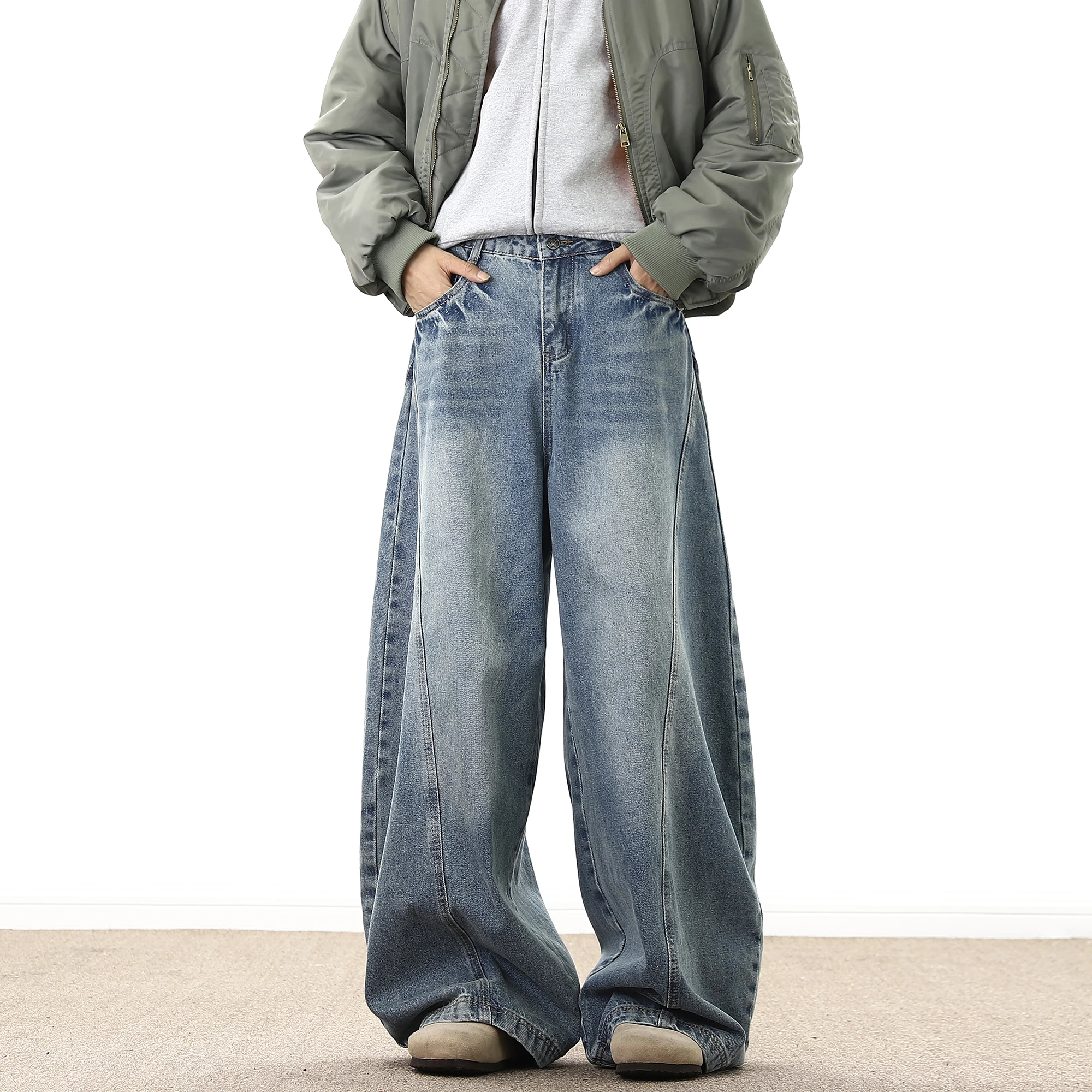 Spodnie dżinsowe z szerokimi nogawkami Męskie luźne kowbojskie spodnie do mopa workowate męskie dżinsy Moda przystojny sprany Streetwear Casual
