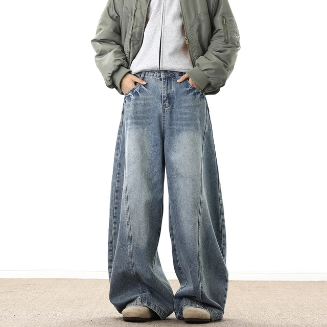 Spodnie dżinsowe z szerokimi nogawkami Męskie luźne kowbojskie spodnie do mopa workowate męskie dżinsy Moda przystojny sprany Streetwear Casual