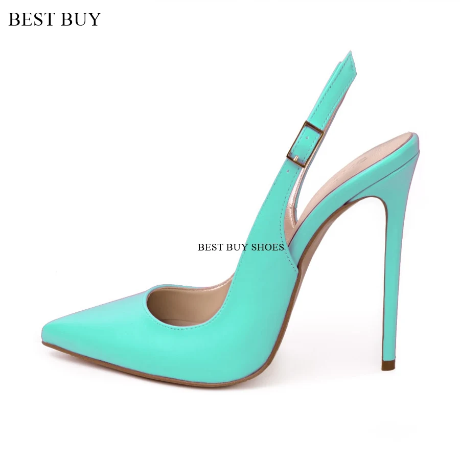 blue real leather Pointed Toe High Heel Shoes Shallow Cut Slingback Buckle Strap Summer Pumps Nightclub Stilettos Dropship