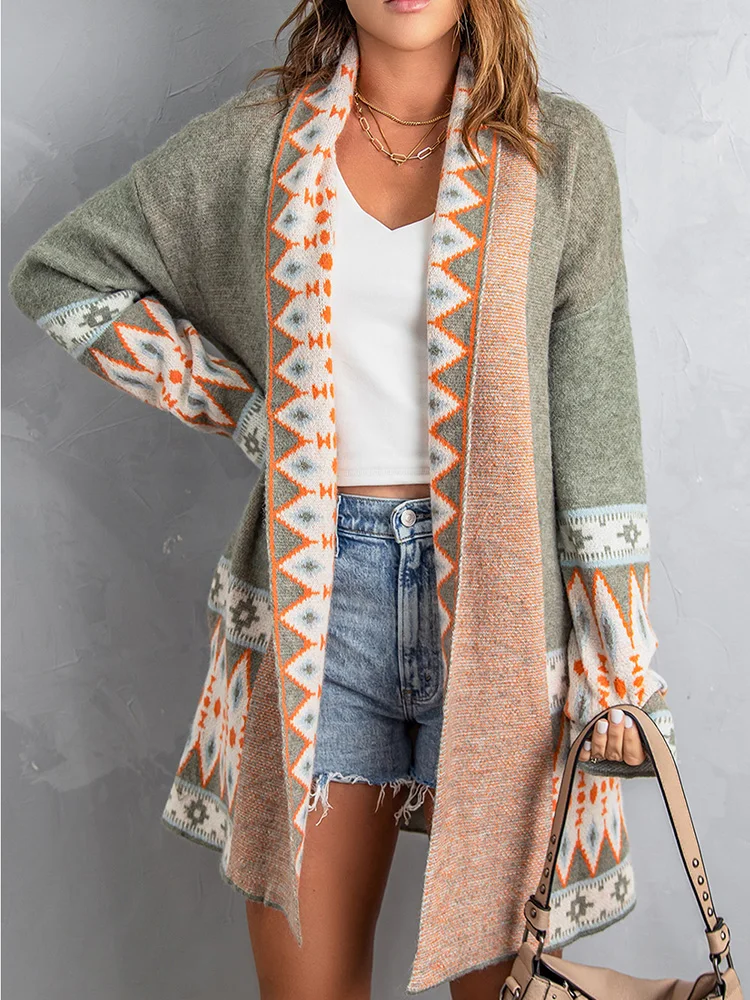 GypsyLady Boho Vintage Knitted Sweater Cardigan Green Open Front Autumn Spring Women Ethnic Style Ladies Long Jumper Sweaters