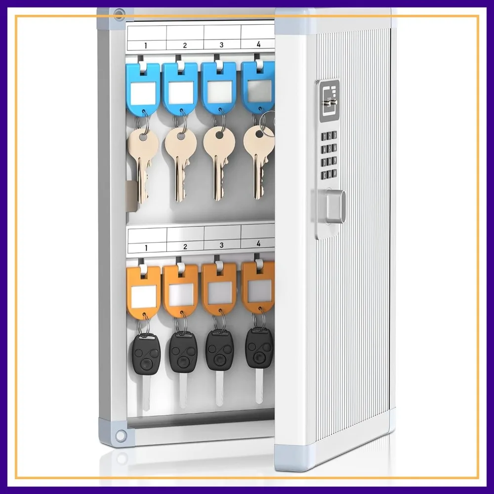 

24-Slot Key Lock Box Wall Mount with Code, Key Storage with Hooks & Tags, 8.45x2.55x13 in Silver