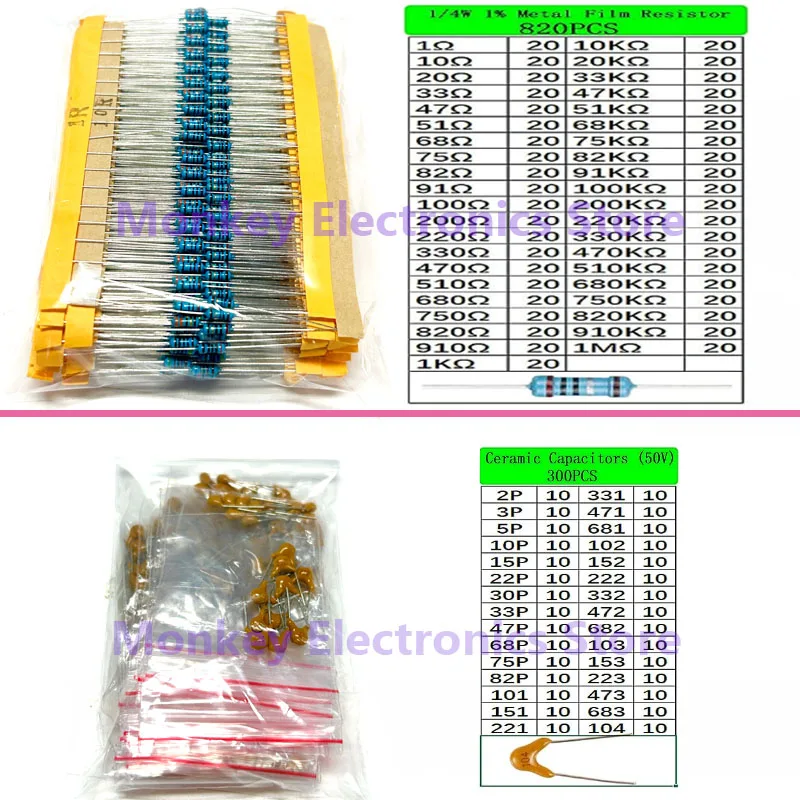 Kit de Componentes Eletrônicos, Resistores de Capacitores Monolítico, Diodos LED, PCB, Potenciômetro RM063, TO-220, 3mm, 5mm, 1818Pcs