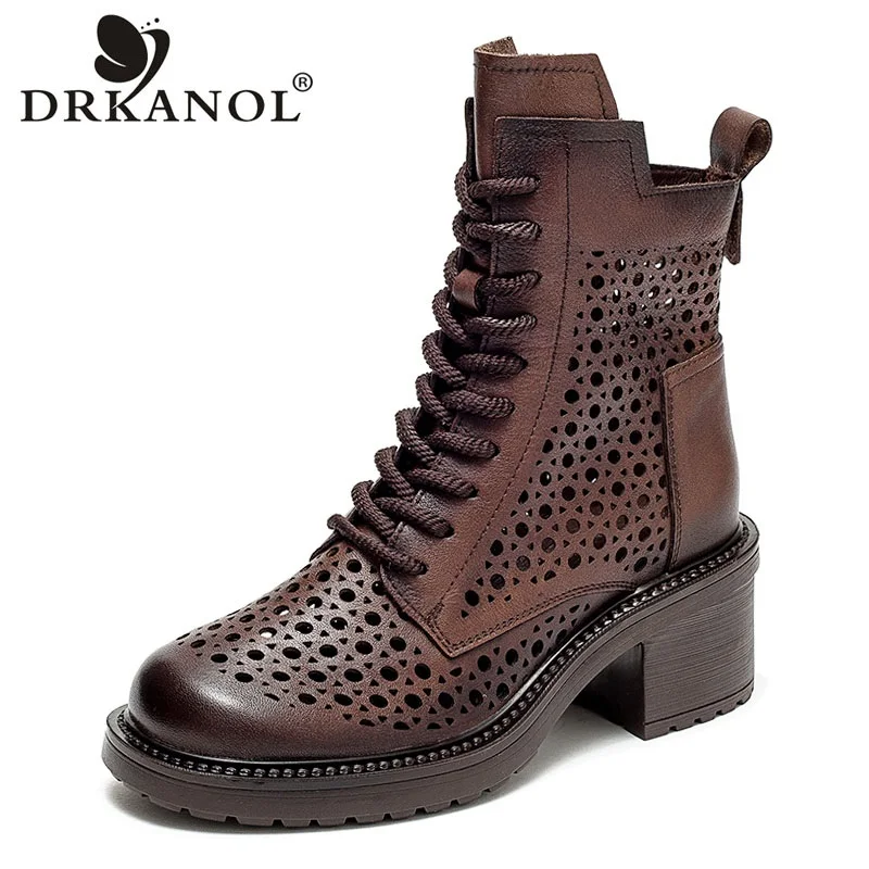 DRKANOL Handmade Summer Cool Boots Women Retro Street Style Genuine Leather Hollow Breathable High Heel Side Zipper Ankle Boots