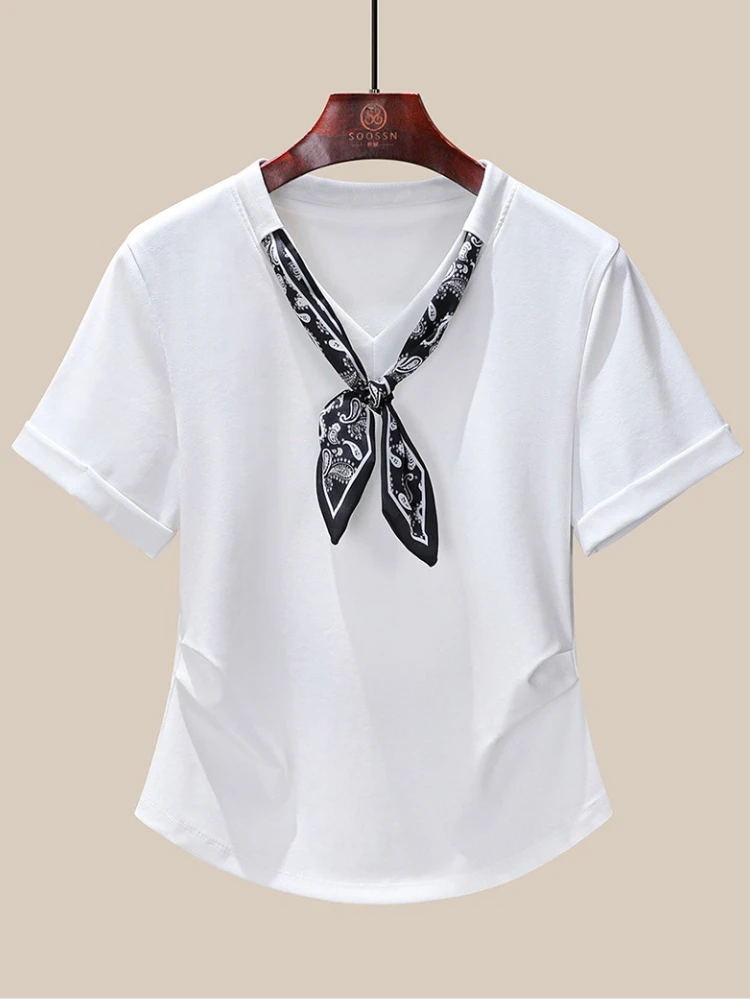 Weißes Damen-T-Shirt mit V-Ausschnitt, 2025, Sommerschal-inspirierter Ausschnitt, dehnbare Baumwollbluse in Übergröße, trendig (M-4XL)