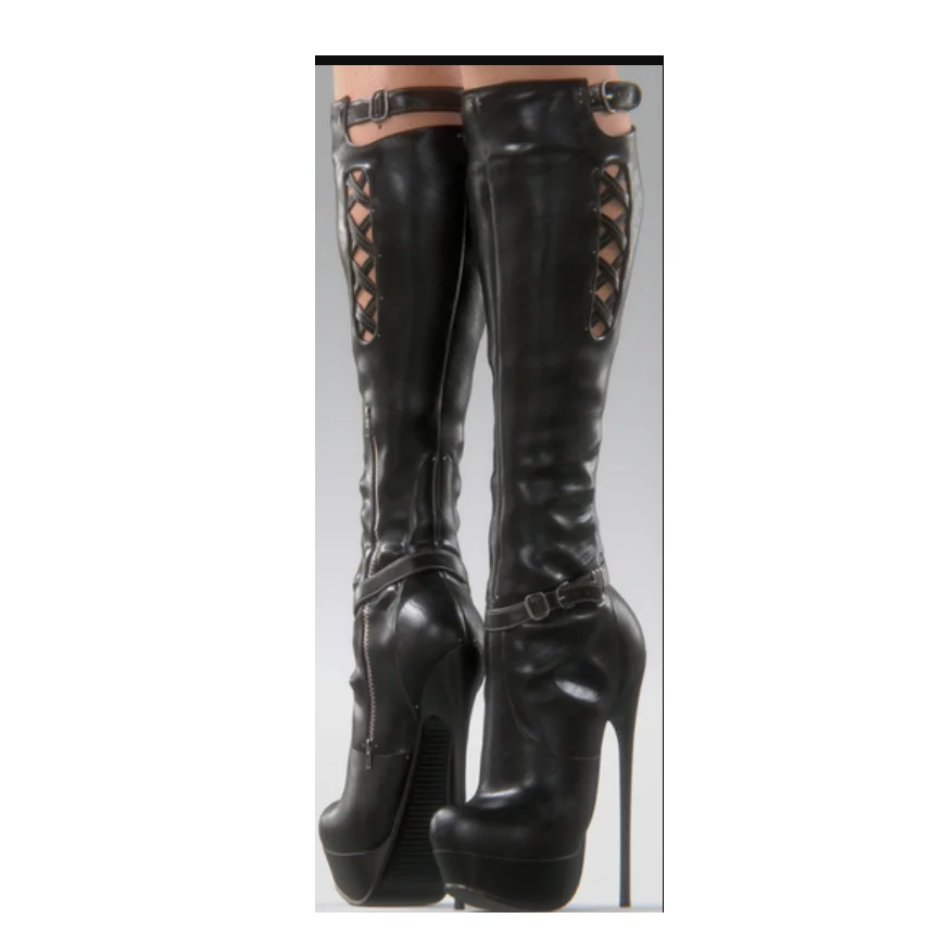 

Black Hollow Buckle Over Knee Boots Round Toe Thin High Heel Fashion Sexy Cool Summer Big Size 2025 Woman Shoes Zapatillas Mujer
