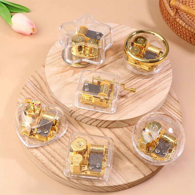 Creative Hand Operated Music Case Mini Acrylic Transparent Metal Movement Octave Box Home Car Decoration Couple Birthday Gifts