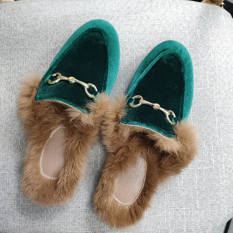 Winter Women Mueller Shoes Lady Imitation Rabbit Fur Slippers Outdoor Lazy Slippers with Flat Bottom Toe-covered Half Slippers