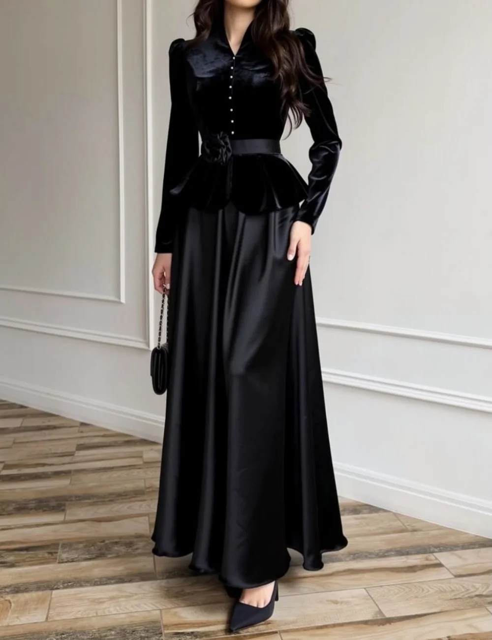 

Customized Black Velour Modest Fashion Sash Handmade Flower Pearl A-line High Collar Long Dresses Evening Dresses Exquisite