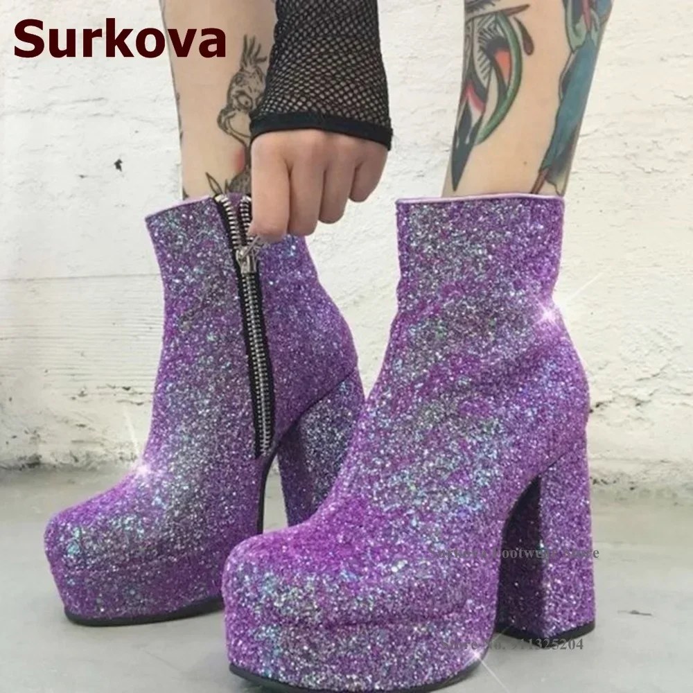 Surkova Bling Purple Sequined Ankle Boots Chunky Heel Platform Wedding Shoes Zipped Glitter Booties Size46 Banquet Pumps