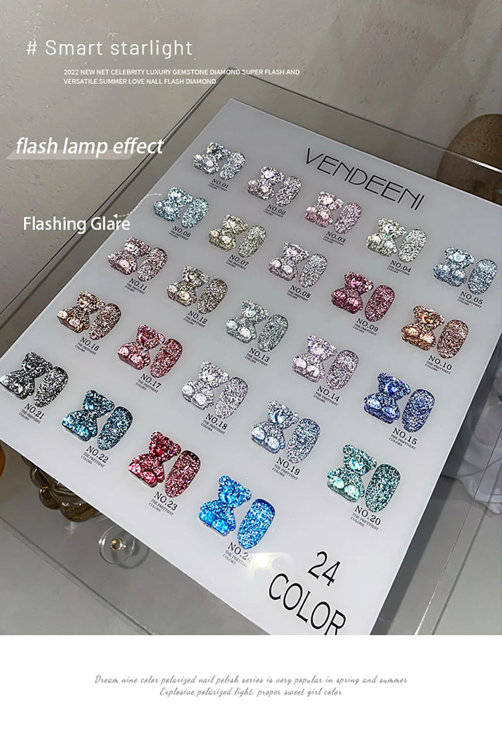Vendeeni 24 Farben Glitzer-Broken-Diamond-Gel-Nagellack, reflektierender Nagelkunst-Gel-Lack, UV-LED-Soak-Off-Gel-Lack 15ml – Detail 10
