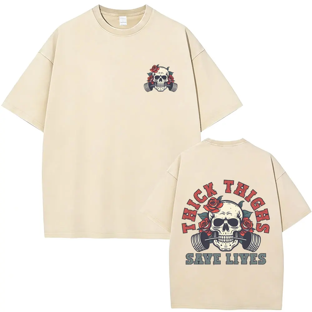 

Washed Vintage Thick Thighs Save Lives Skeleton Graphic T Shirt Men Women Fashion Gym Fitness T-shirt Oversized Retro T-shirts