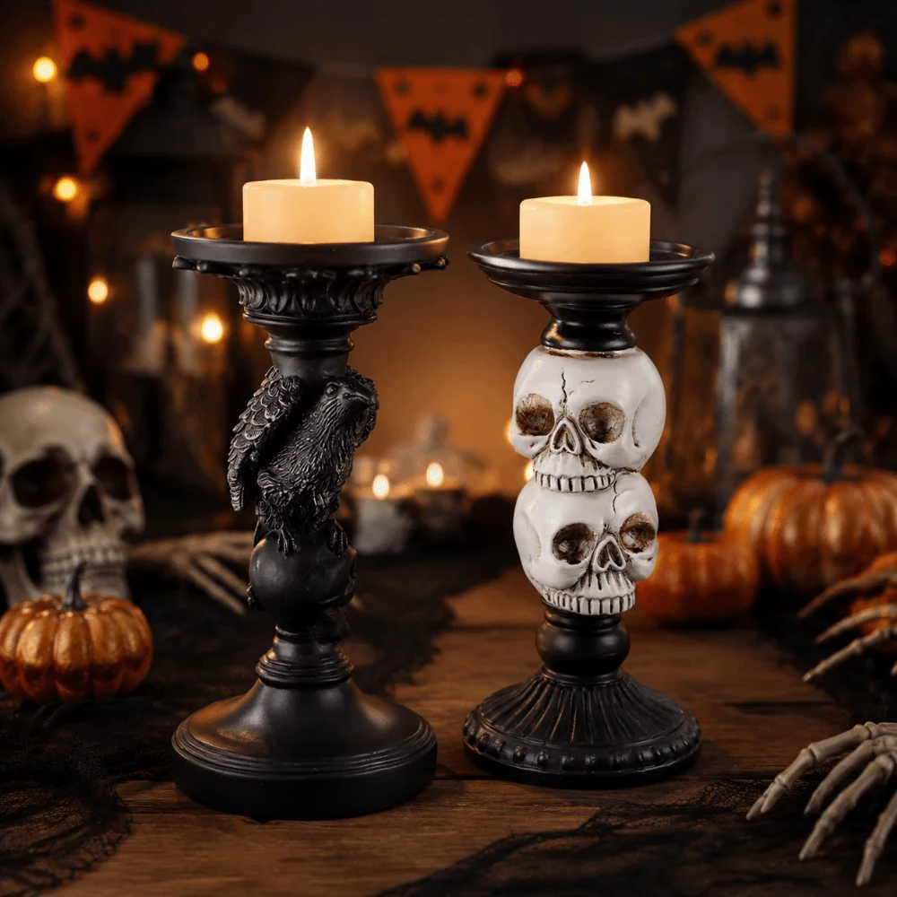 Creative Halloween Skull Candlestick Resin Craft Realistic Skull Candle Holder Unique Decorative Halloween Decor Ghost Festival