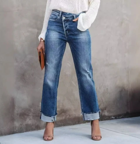 Women's fashionable casual straight leg jeans 2024 autumn and winter new item pocket button zipper straight leg jeans