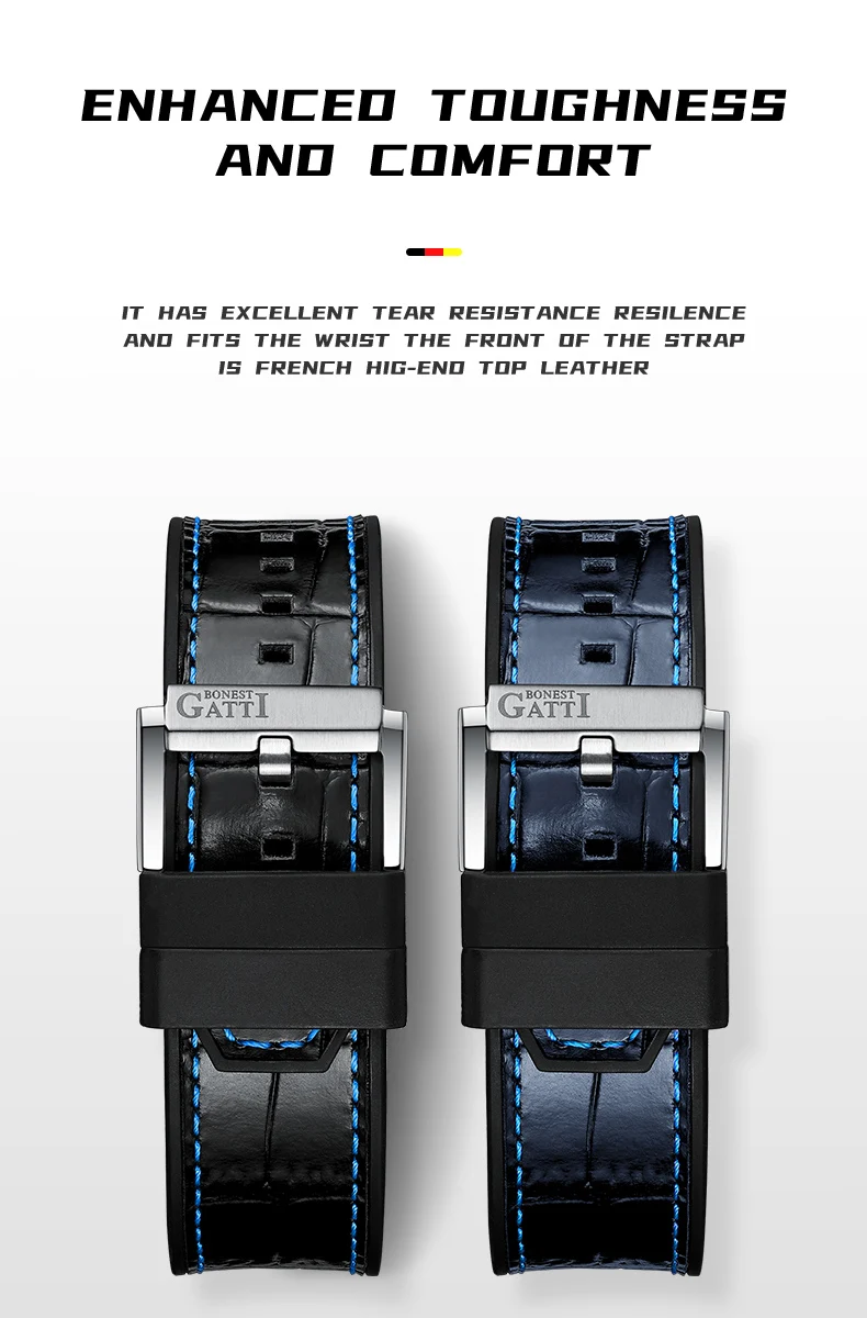 BONEST GATTI Orologio automatico da uomo Orologio da polso meccanico di lusso Scheletro Impermeabile Zaffiro Luminoso Moda Mese Settimana Data