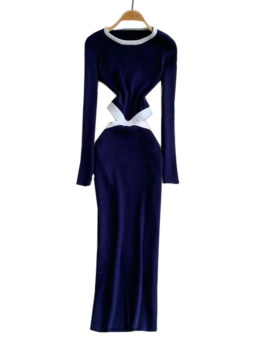 Foamlina outono manga longa cintura cinched malha bodycon vestido estilo europeu design elegante corte cintura sexy chique camisola vestido