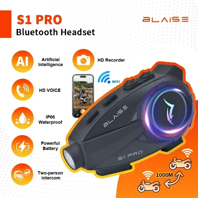 S1 PRO Motorcycle Helmet Bluetooth Headset 1080P HD Wireless Camera Super Wide-angle Lens IP66 Waterproof WiFi Video Recorder