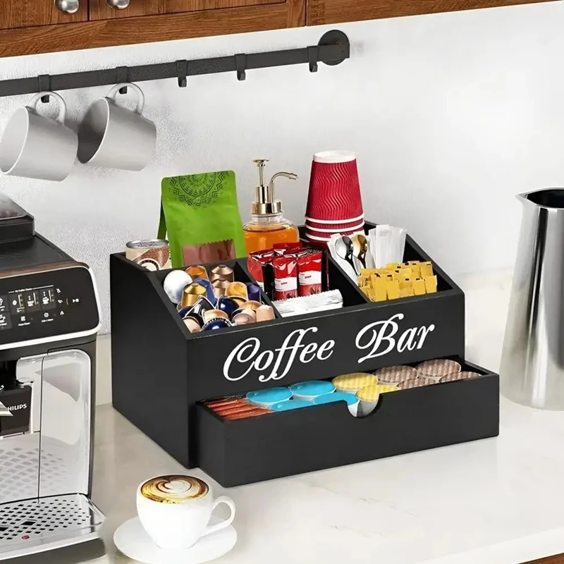 【Popular】Coffee Tea Holder Basket Wooden Coffee Holder Rustic Coffee Bar Decor Coffee Accessories Organizer For Home Coffee Bar