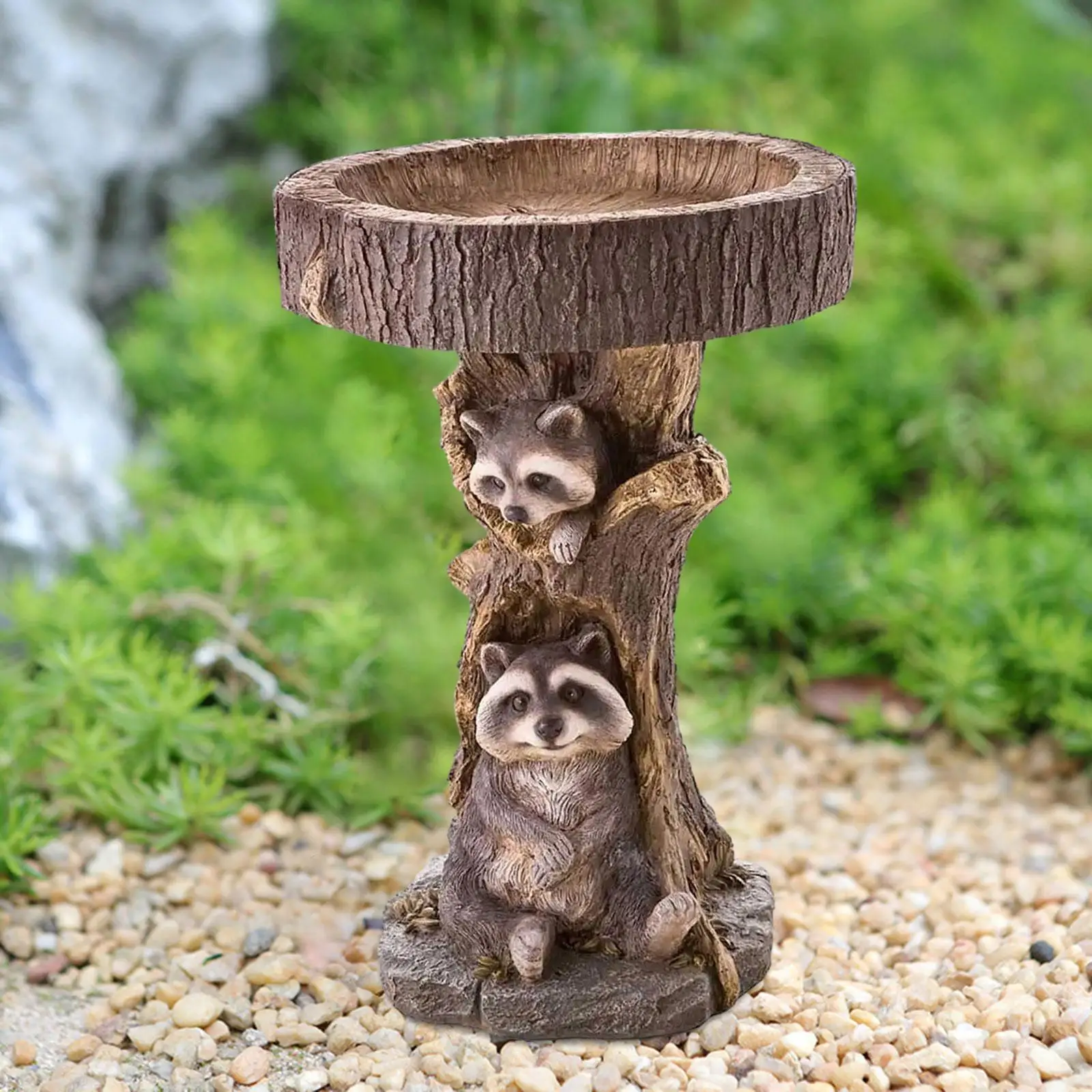 Resin Feeder Garden Bird Bath Feeding Station Raccoon Statue Animal Sculpture for Outdoor Yard Balcony Bird Hummingbird Wildbird