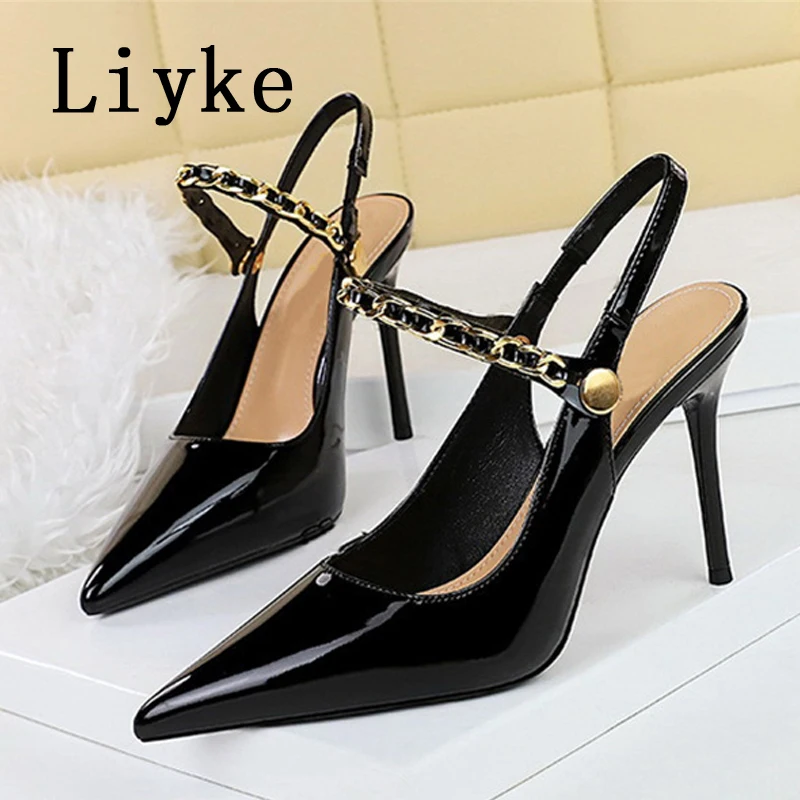 

Liyke Fashion Metal Chain Strap Sandals Women Pumps Black Patent Leather Sexy High Heels Banquet Party Shoes Zapatos De Mujer