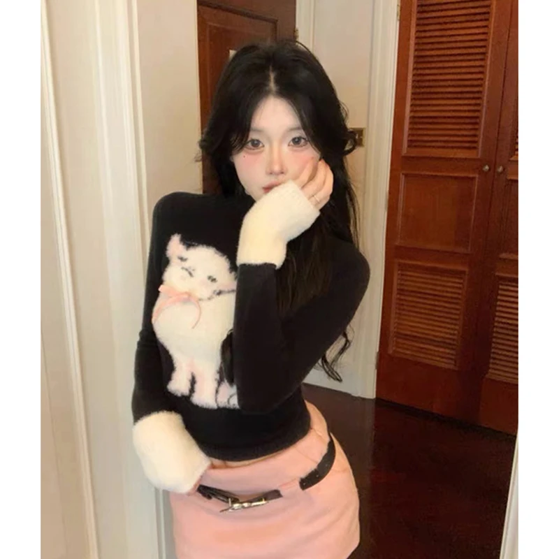 

Y2K Cartoon Sweater Women Harajuku Cropped Patchwork Black Knitted Pullovers Gyaru Grunge Knitwears Winter Korean Slim Jumpers