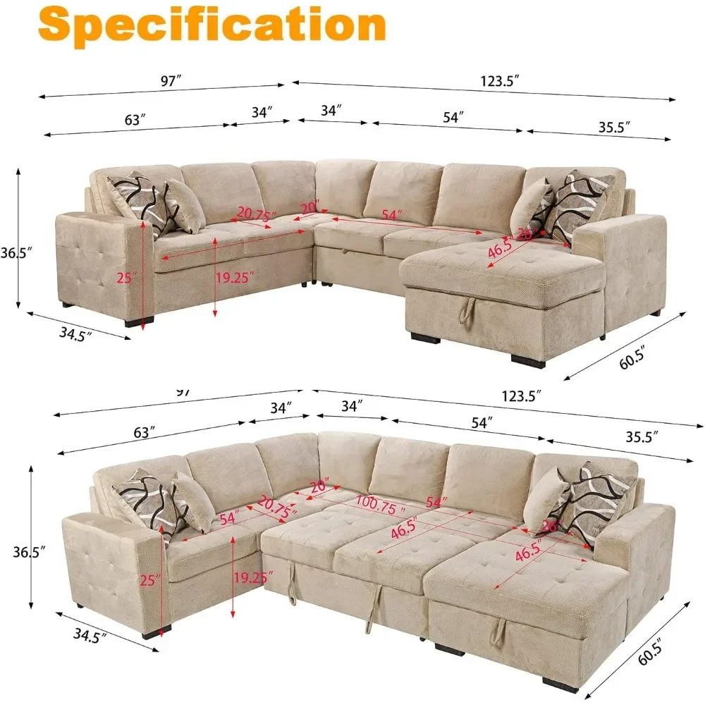 Sectional Sleeper Sofa with Pull Out Bed and Storage Chaise, U Shape Sectional Sofa Bed, Oversized Sectional Sleeper Couch