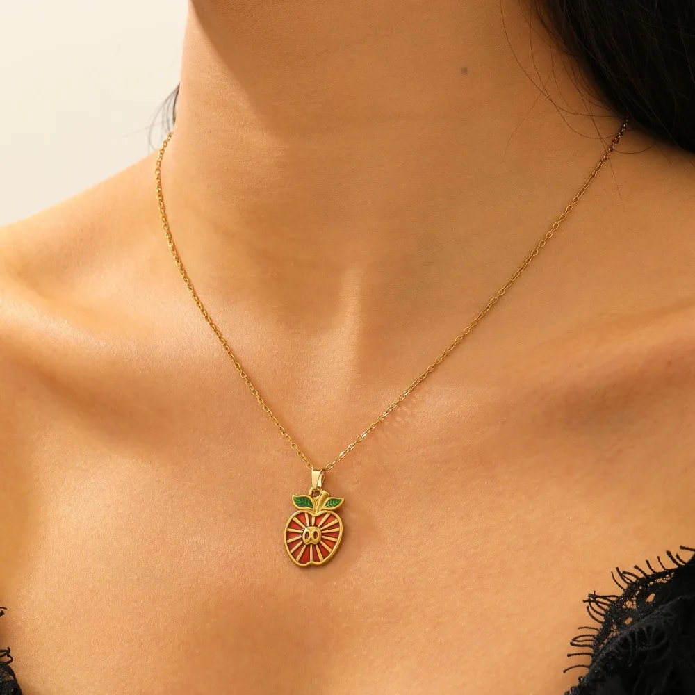 Cute Creative Stainless Steel Colorful Enamel Fruit Apple Lemon Slice Pendant Necklace for Women Summer Fashion Jewelry Gifts