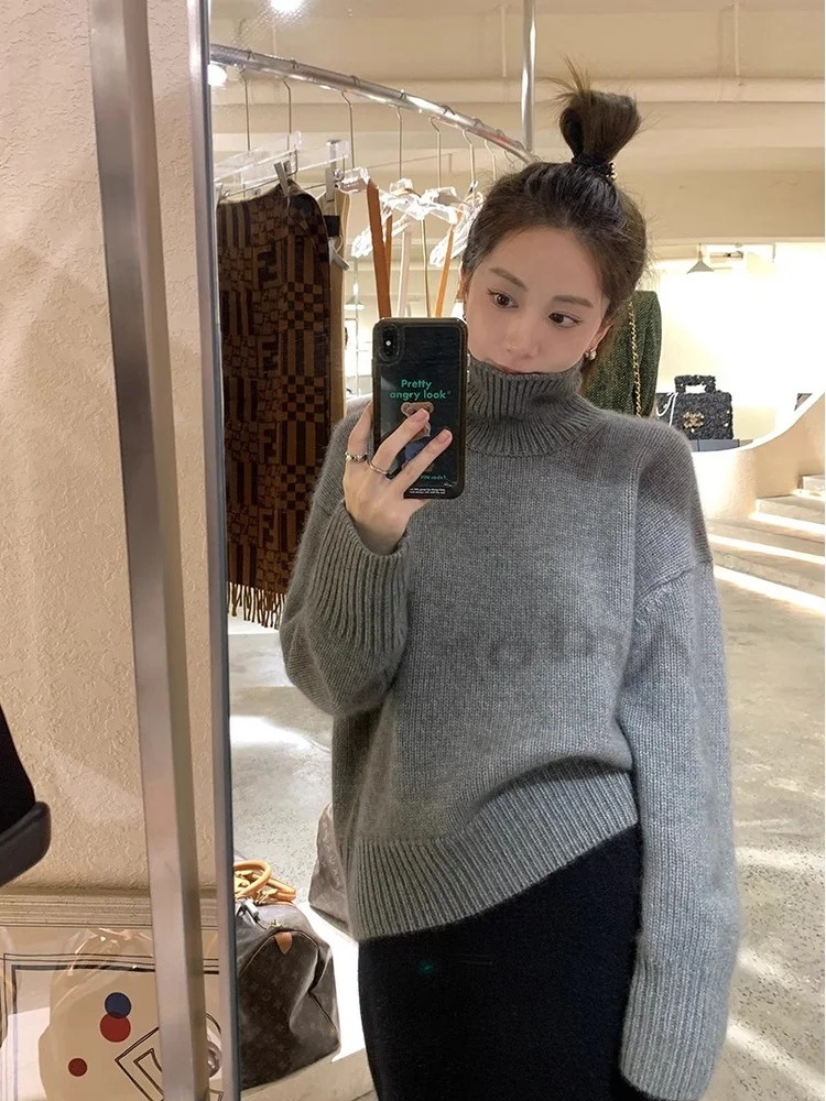 Goat cashmere sweater female 100% pure cashmere turtle neck autumn and winter new loose lazy wind thickened knitting.