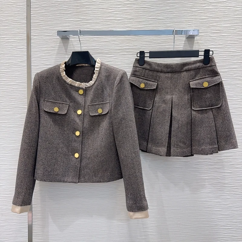 

Женские комплекты из высококачественной саржевой ткани из двух предметов - искусственные двойные куртки, пальто + плиссированная короткая юбка класса люкс 25101314