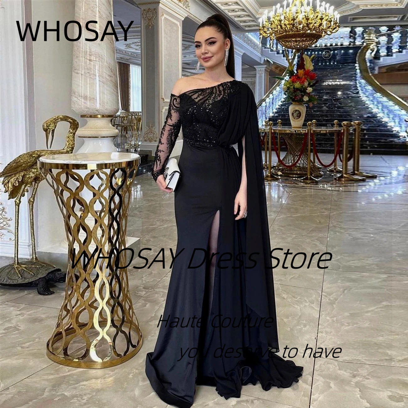 WHOSAY Black Mermaid Dresses for Special Banquet Long Sleeves Evening Dress Side Slit Formal Occasion Women Wear Prom Gowns