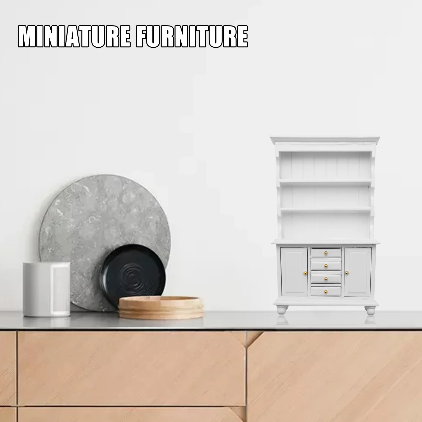 خزانة خشبية متعددة الوظائف لبيت الدمى ، أثاث مصغر ، خزانة كتب بيضاء ،