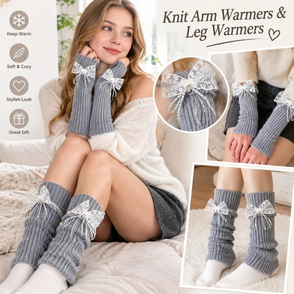 Sweet Thick Knit Knit Arm Warmers Thermal Lace Bow Fingerless Gloves Lolita Style Balletcore Thermal Hand Sleeves Daily Outfit