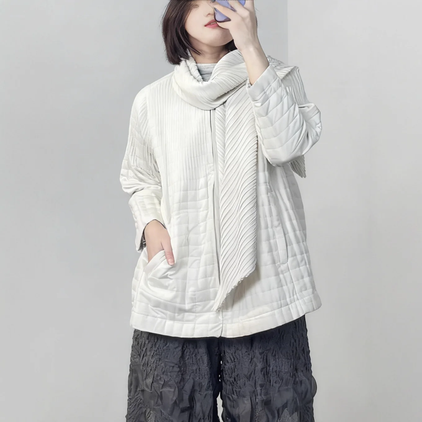 

Miyake Folds 2025 Autumn and Winter Japanese Cotton Jacket Women's Thick Models Hundred with Scarf Cotton Coat Women's Models