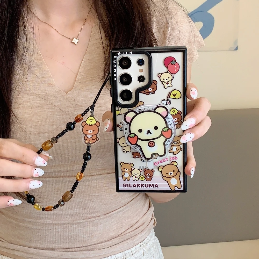 Cute Cartoon Rilakkuma Bear Magnetic Holder Magsafe Wireless Charge Phone Case For Samsung Galaxy S26 25 24 23 Ultra Puls Cover view 5