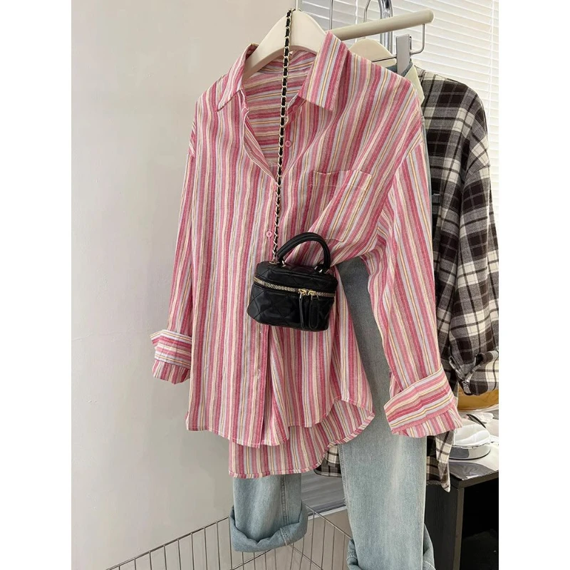 Pink Vertical Striped Shirt for Women\'s Spring and Autumn New Design Sense Layered and Lazy Shirt Jacket Casual Blouses Shirts